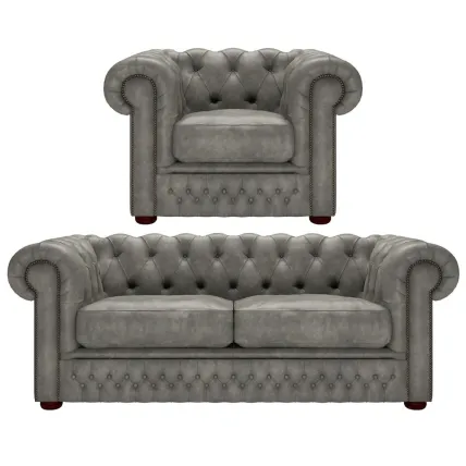 Knightsbridge 3 Seater and Chair Etna Grey Black Studs